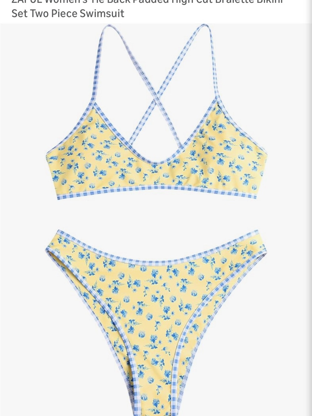 Yellow Floral Bralette Bikini Set with Blue Gingham Trim